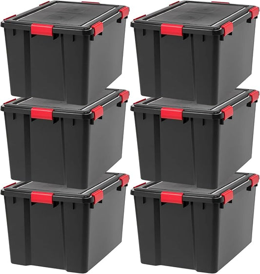 IRIS USA WeatherPro 74 Qt Storage Bins with Lids, 6 Pack, BPA-Free Plastic Gasket Box with Tight Latch and Seal, Stackable Nestable Tote Tub - Black/Red