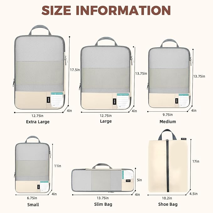 BAGAIL 6 Set Lightweight Compression Packing Cubes with Packing List, Anti-Tearing Expandable Organizer Bags for Travel, Beige