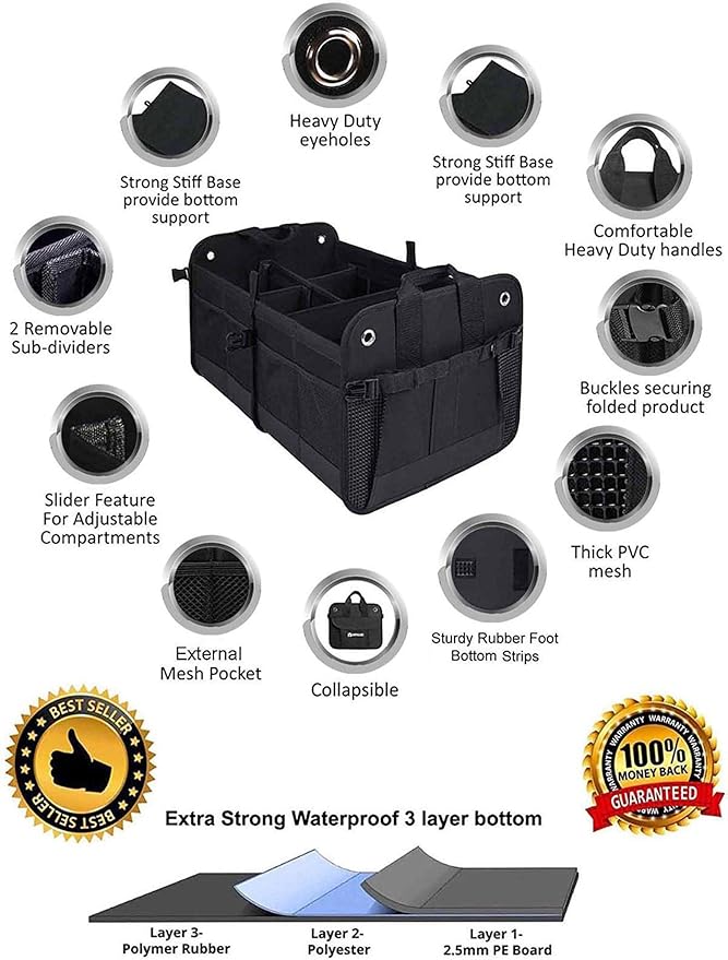 AUTOARK Multipurpose Car Trunk Organizer with Foldable Cover and Straps,Non-Slip Waterproof Bottom,Durable Collapsible Adjustable Compartments Cargo Storage,Black,AK-102