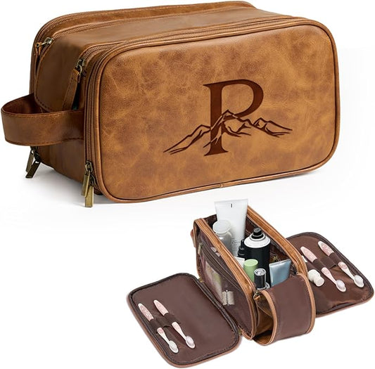 Janhavi Travel Essentials Toiletries Men, Personalized Initials & Mountain, Waterproof Make Up Bag, Men's Accessories Storage, Mens Travel Bag Toiletry, Birthday Gift Box for Men (Brown P)