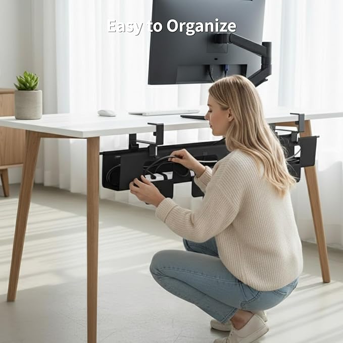 No Drill Under Desk Cable Management Tray, 47.5” Fabric Clamp Mount Cord Organizer for Table, Heavy Duty Wire Management for Office Home, Black