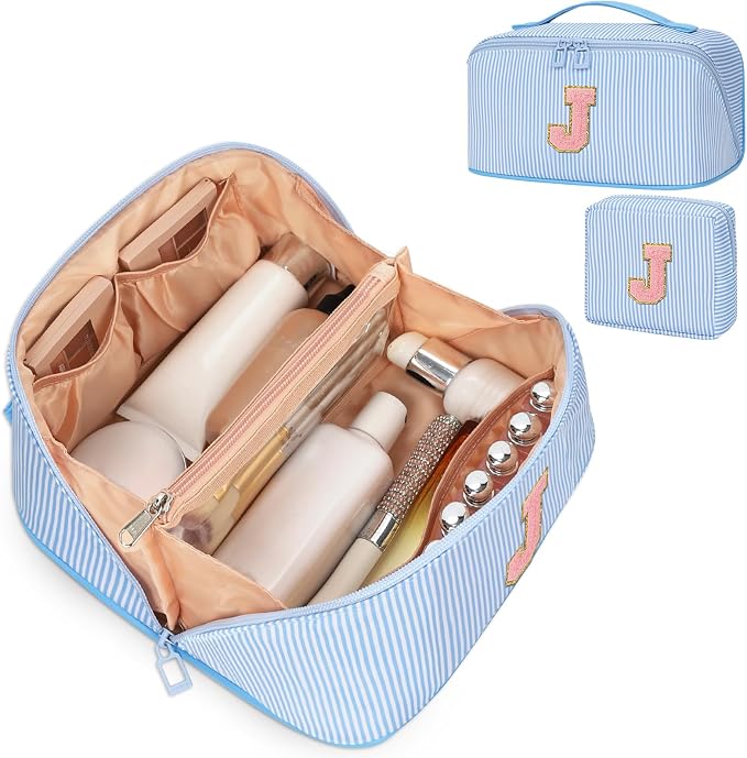 2026 Graduation Gifts - Travel Makeup Bag for Women, 2Pcs Portable Personalized Initial Makeup Organizer Bag, Open Flat Large Cosmetic Bag With Travel Essential Pouch (Blue Letter J)