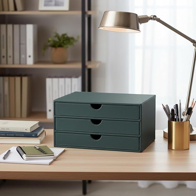 UnionBasic Leather Desktop Drawer Organizer, File Cabinet Magazine Document Holder, Office Supplies Desk Storage Organizer Box, 3 Drawer, Coffee