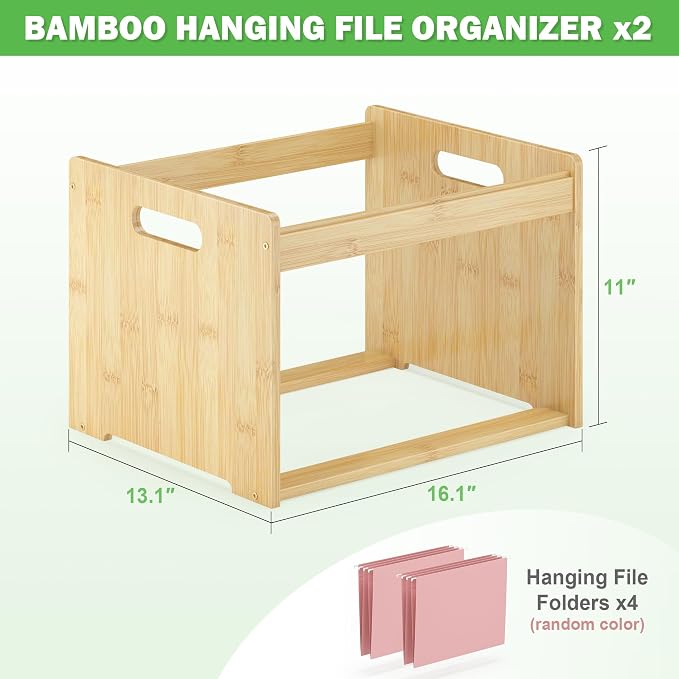 Hanging File Organizer Box for Letter Size, 2 Pack Bamboo File Folder Organizer, Storage Moving Boxes with Handle Wood Desk Filing Box for Office Banker Document