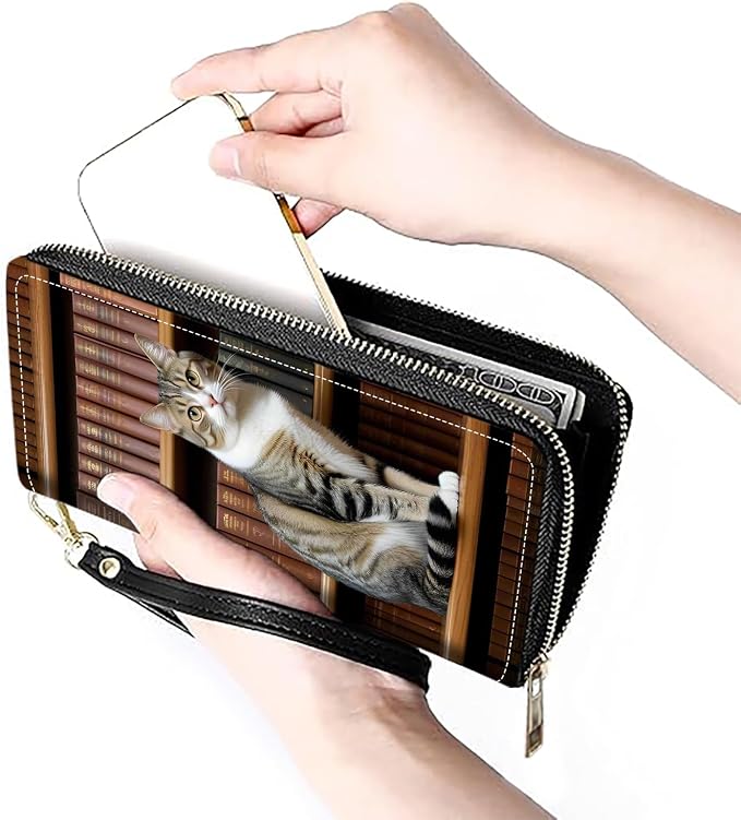 Women's Large Capacity Wallet PU Leather Zip Around Clutch Purse Multifunctional Wallet with Removable Wristlet Strap for Smart Phone/Coin/Card/Cash, Cat On Bookshelf