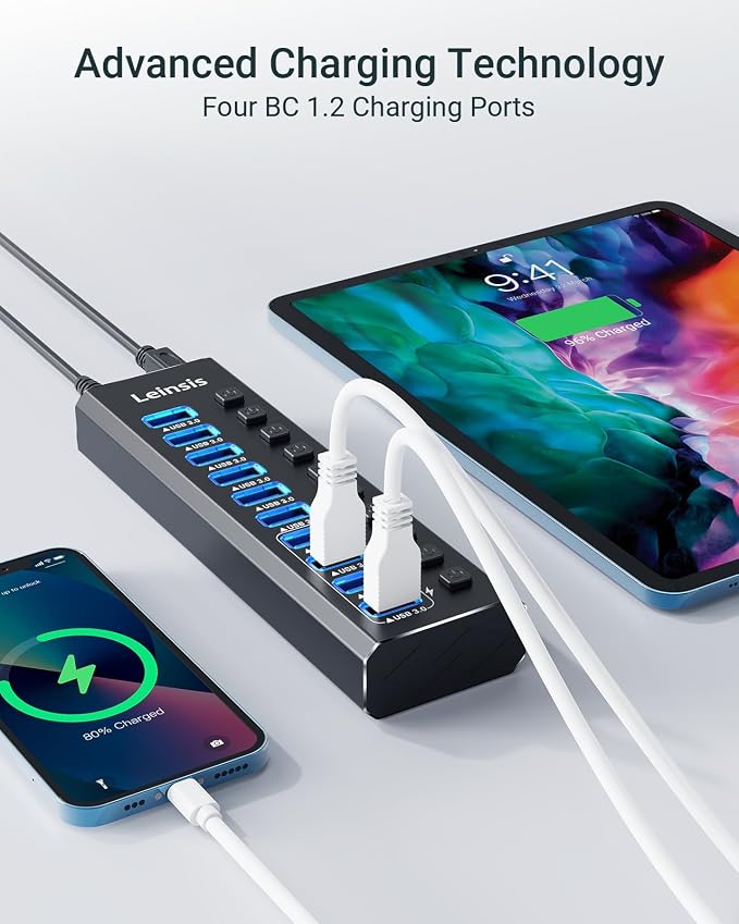 Powered USB Hub 3.0, Leinsis 10-Port USB 3.0 Hub [Durable Aluminum] 10 Data Transfer Ports+ 4 Smart Charging Ports with Individual On/Off Switches, USB Hub 3.0 Powered with Power Adapter for Laptop PC