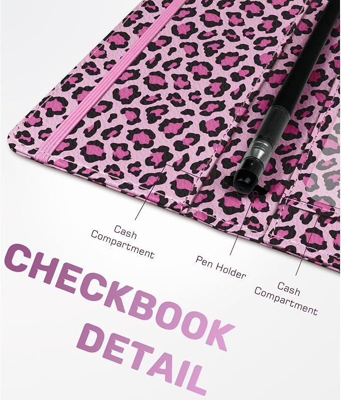 Checkbook Cover for Men Women, Premium Leather Checkbook Holder with RFID Blocking and Built in Clear Plastic Divider for Personal and Business Checks (Leopard-Pink)