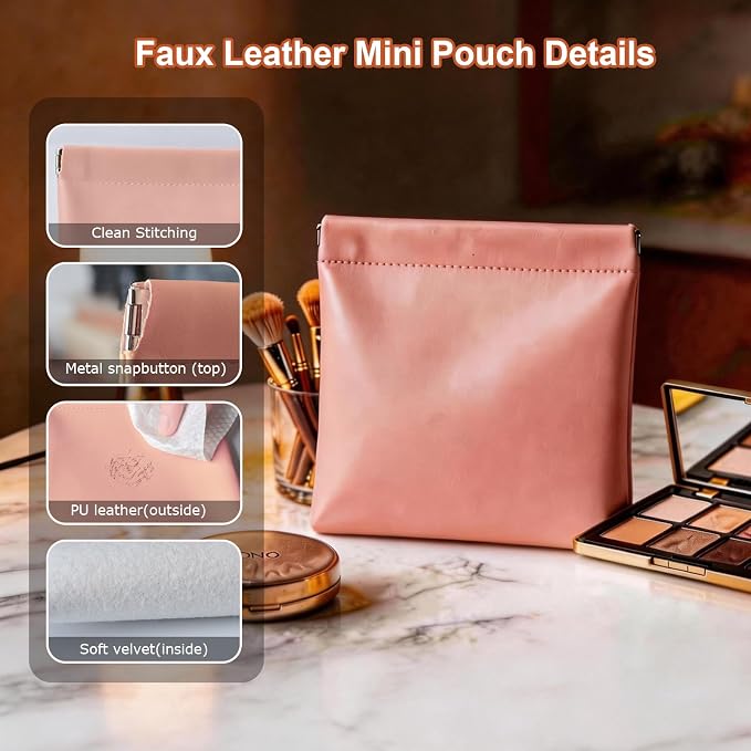 6 Pack 2 Sizes Small Makeup Bag for Purse, Soft Snap Closure Pouches for Purse, PU Leather Coin Purse for Women, Mini Travel Organizer for Cosmetics Sunglasses Cash Lip Gloss Lipstick Jewelry