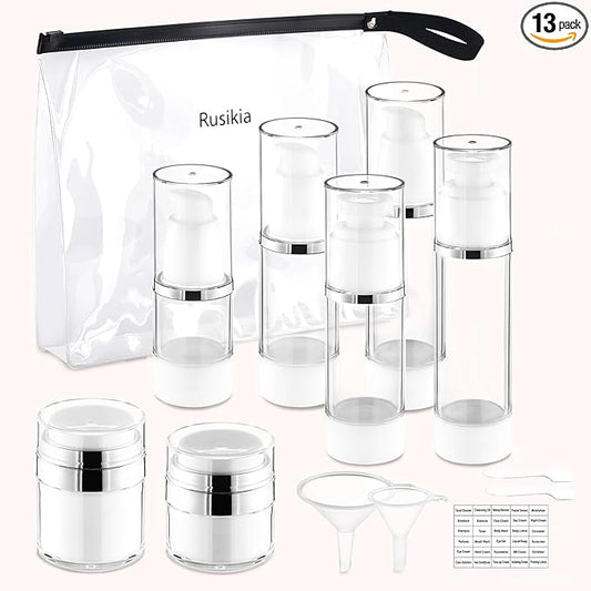 13 Pack Big Travel Size Containers, 1.7/1/0.5oz Clear Airless Pump Bottles, TSA Approved Skincare Empty Leak Proof Bottles Refillable Jars for Travel or Home Toiletries, Lotion, Liquid, Cream