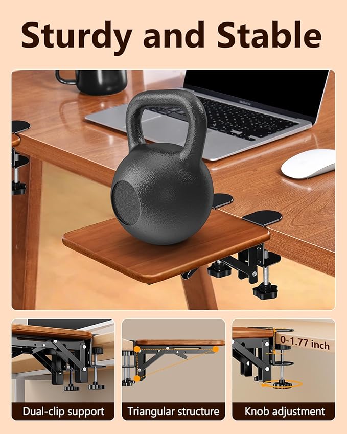 Ergonomic Desk Extender Tray, 8.2"x7.6" Table Mount Arm Wrist Rest Shelf, 90° Foldable Elbow Support, Clamp on Computer Arm Rest for Desk, Office & Home Use, Wood