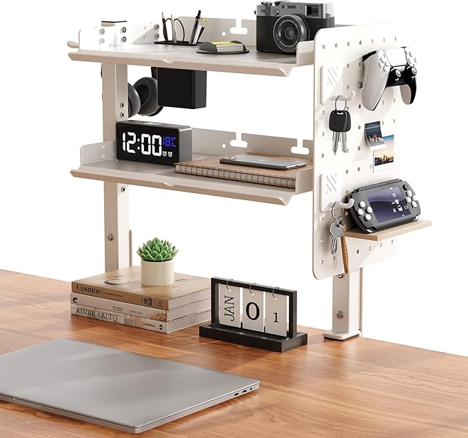 2-Tier Steel Clamp On Desk Shelf, Adjustable 16 inch Desk Storage Shelves with Pegboard and Pencil Holder,Above or Under Heavy Duty Desktop Organizer with Headphone Holder for Desk Accessories (White)