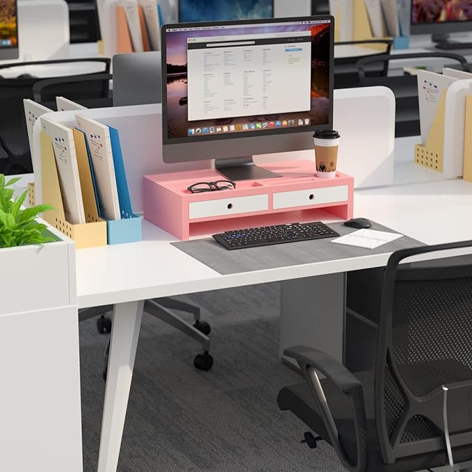 Monitor Stand Riser with Drawer - Pink & White Laptop Stand, Bamboo Desktop Shelf Organizer for Computer, TV, Printer, Office Supplies & Accessories with Phone Holder & Cups Slot, No Assembly Needed