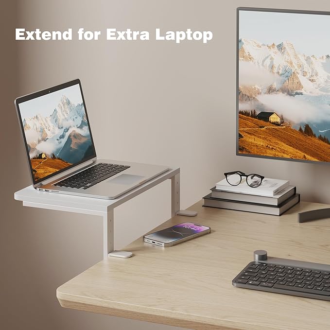 Desk Extender, 15-inch Clamp-On Desk Shelf, Height-Adjustable Desktop Shelf Organizer for Monitors Office and Gaming Accessories, Arm Support Table Extension, 44lbs Heavy Duty, White