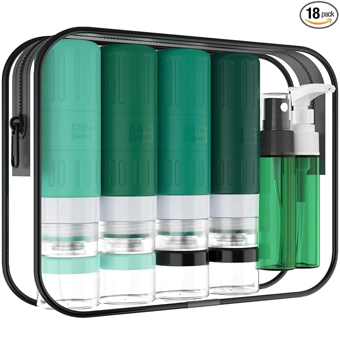 GLAMFIELDS Travel Bottles for Toiletries,TSA Approved 3.3oz Size LeakProof Silicone Toiletry Containers for Shampoo, Conditioner,Easy to Squeeze，Portable Travel Essentials for Lotion(18 Pack) Green