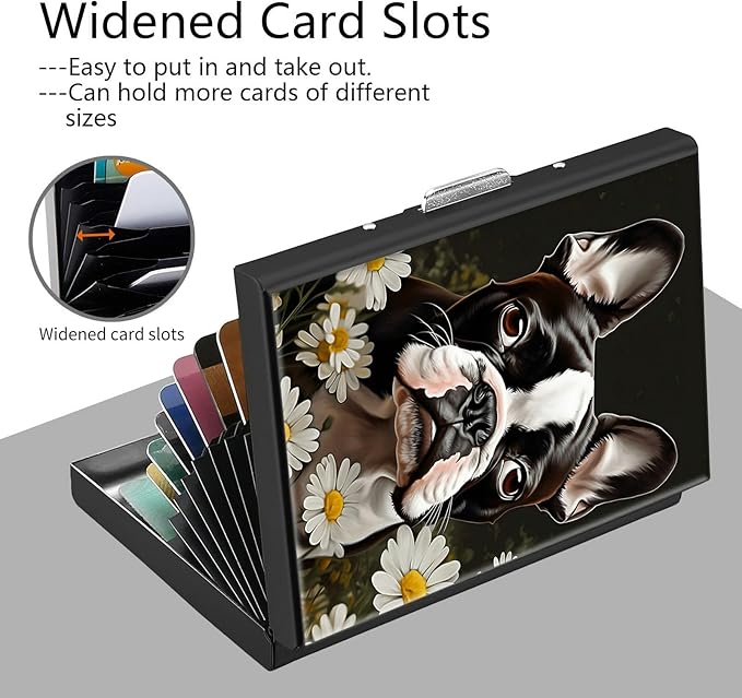 Credit Card Holder, Boston Terrier Dog Design Mini RFID Blocking Aluminum Wallet Slim Metal Hard Case Shell Travel Wallet ID Case Small Credit Cards Case Business Cards for Women Men Girls