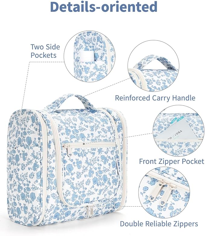 Narwey Large Hanging Toiletry Bag for Women Travel Makeup Bag Make up Organizer Toiletries Bag for Cosmetics Essentials Accessories (Large, Blue Flower)