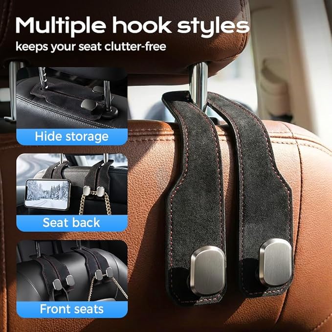 2026 New Headrest Hooks for Car, Car Seat Back Storage Hook, Leather Seat Back Storage Hook Organizer, Twin Hook Design Heavy Duty Holder for Purse, Bags, Handbag, Grocery, Umbrella (2, Black)