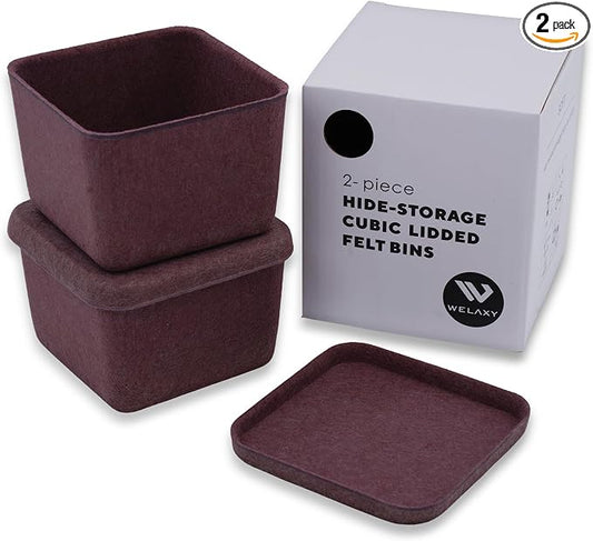 Welaxy 2-piece cubic lidded felt drawer organizer bin desktop stackable storage container with lid decluttering home office for jewelry watch clips binder office supplies (Wild Berry)