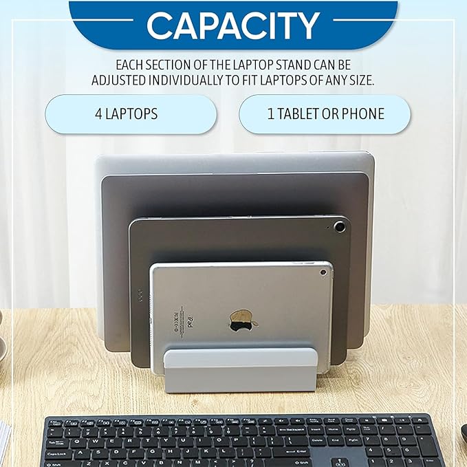Elestoria 5- Slot Vertical Laptop Stand - Aluminum Laptop Stand Vertical for Desk - Adjustable Width (12-38mm) Fits MacBook Pro/Air, Surface & Gaming Laptops Upto 17.3 (Grey)