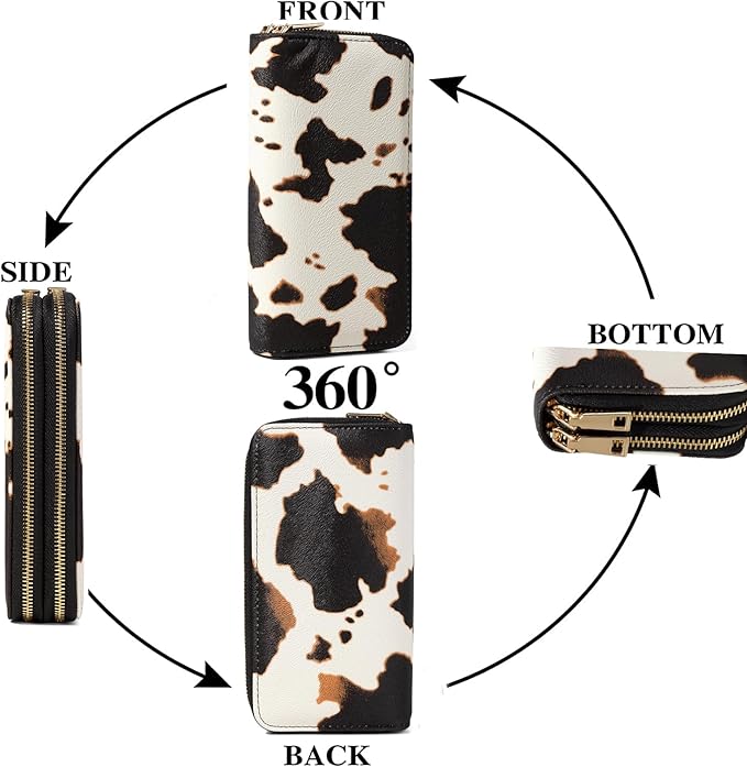 Cow Print Wallet for Women Western Highland Purse Cow Stuff Gifts Double Zipper Ladies Large Capacity Credit Card Holder (Brown Cow)