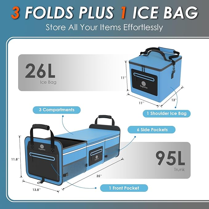 SugarFox 95L Car Trunk Organizer & Storage With 26L Ice Pack, Waterproof Foldable | Trunk Organizers for SUVs & Cars, Car Storage Organizer, Great Gift for Drivers (Blue-M004)