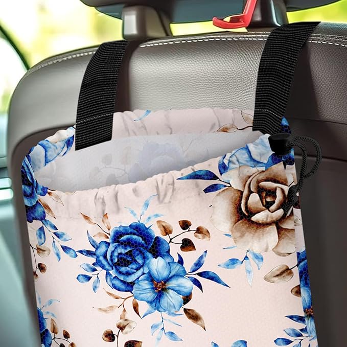 Car Trash Bag Hanging Back of Seat Waterproof Small Cute Printed One-Handed Strap Drawstring Garbage Bags for Car-Blue Rose