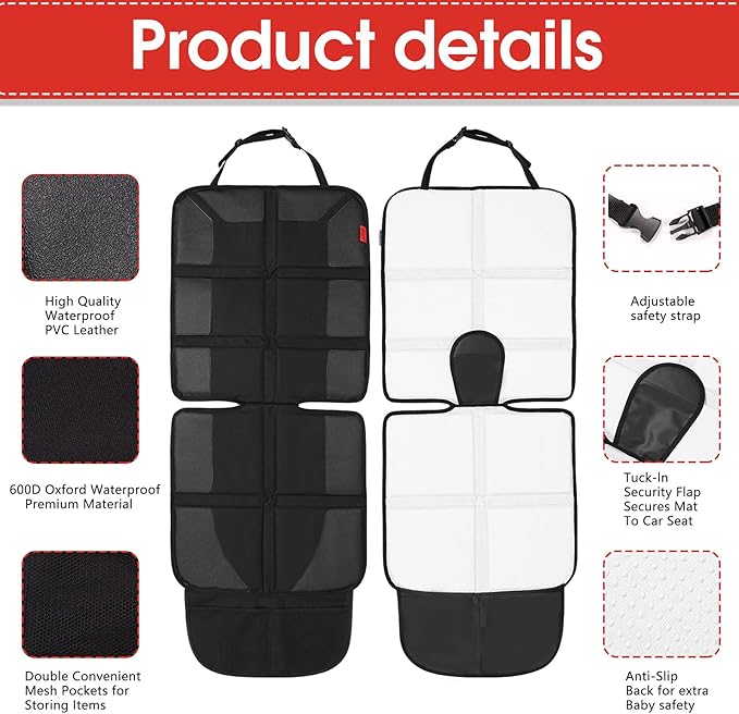 Kaiphy Car Seat Protector with Thick Padding + Backseat Car Organizer, XL Car booster protector for Child Baby Carseat, Waterproof & Durable 600D Fabric, Kick Mat Back Seat w/Storage Pockets