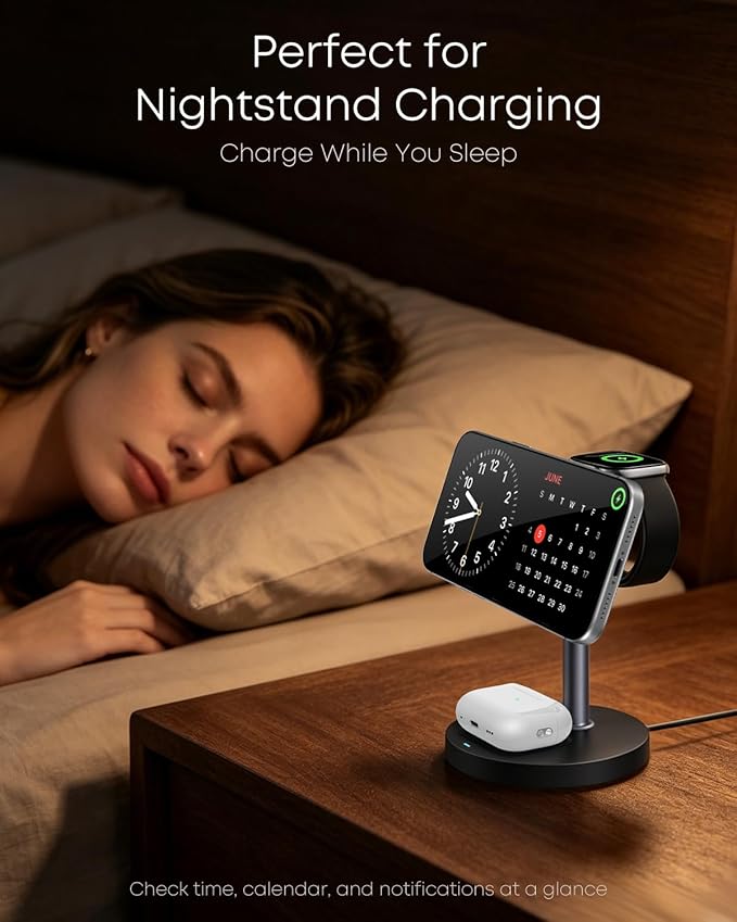3 in 1 Magnetic Wireless Charging Station, 15W Fast Charger Stand for iPhone, Phone Charger Stand for Desk Nightstand, for iPhone 17/16/15/14/13/12, Apple Watch & AirPods, 18W Adapter Included -Black