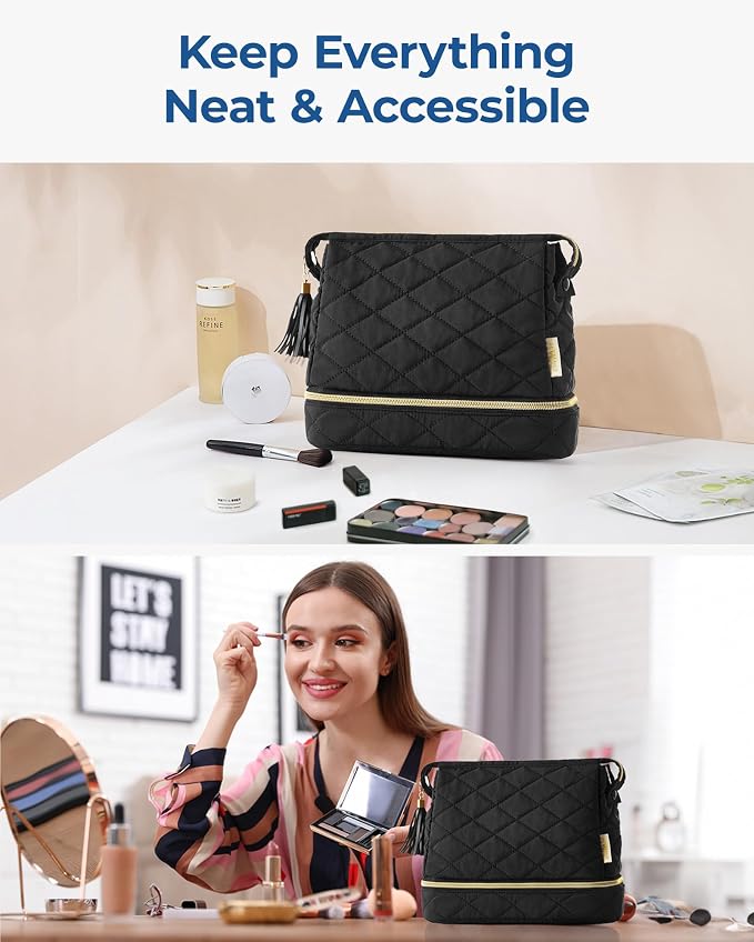 BAGSMART Makeup Bag Travel Cosmetic Bag,Puffy Make Up Bags for Women Double Layer Makeup Organizer Case,Wide-open Puffer Pouch for Purse Storage Travel Essentials Toiletries Accessories Brushes, Black
