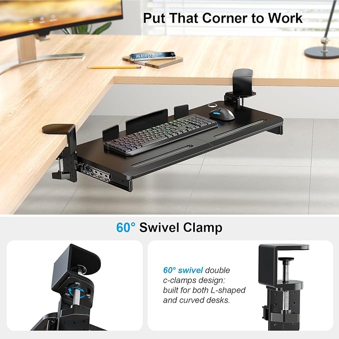 Supcline Keyboard Tray Under Desk with 60° Swivel C-Clamp & Height Adjustment for Corner Desk, 25.6 x 11.8 in Slide Out Keyboard Mouse Platform for l-Shaped & L-Shaped Table, Pull Out Keyboard Drawer