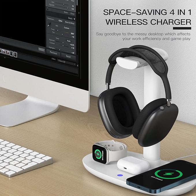 Headphone Stand with 15w Wireless Charger, Suguder 4 in 1 Charging Station Headset Holder for AirPods Max/Pro/4/3/2 iWatch 10/9/8/7/6/5/4/3/2/1/SE iPhone 17/16/15/14/13/12/11/X for Desktop Table Game