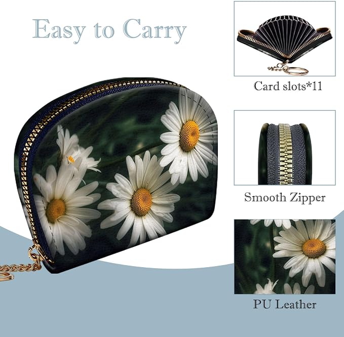 Women's Slim RFID Wallet – Compact Leather Card Holder Wallet for Women, 9 Card Slots RFID Blocking Credit Card Organizer, Small Travel Wallet - White and Yellow Daisy Flowers