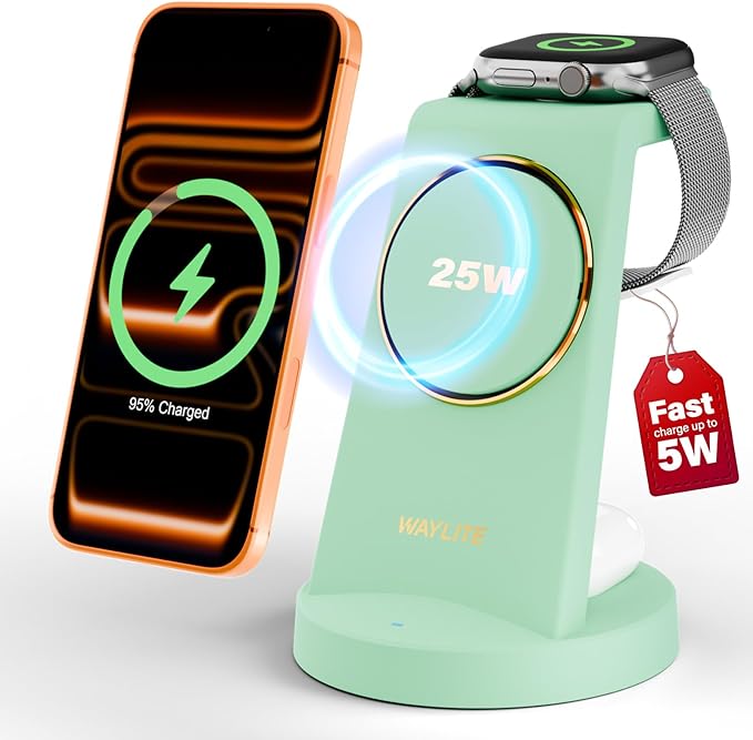 3 in 1 Fast Charging Station for iPhone, 25W Wireless Magnetic Phone Charger for iPhone 17 16e 16 15 14 13 12 Serise, Watch Charger Stand, Wireless Charging Station for AirPods 4 3 Pro, Green
