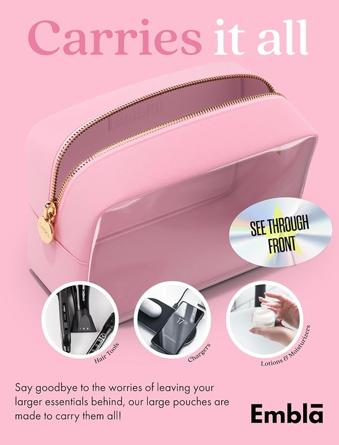 Embla Clear Large Makeup Bag Cute Big Make Up Nylon Pouches Travel Bathroom Bags for Toiletries XL Cosmetic Pouch for Women Girls Extra Large Zipper Toiletry Skincare Organizer Light Pink
