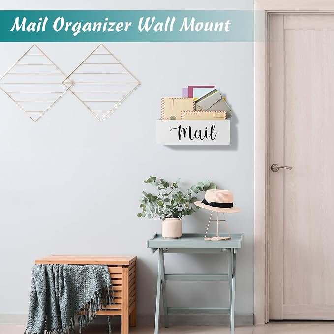 DRASTAR Mail Organizer, Mail Holder with 2 Slots, White Mail Basket for Wall Mount, Wooden Desk Mail Organizer, Envelope Holder for Home Office Decor