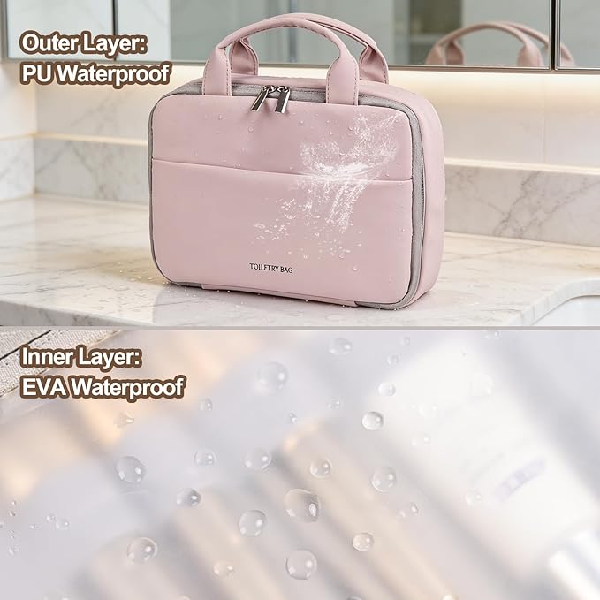 Greenfeather Hanging Travel Toiletry Bag for Women, Compact Yet Spacious Makeup & Cosmetic Organizer with Multiple Compartments, Waterproof Portable Bag for Short Trips & Weekend Travel (Rose Pink)