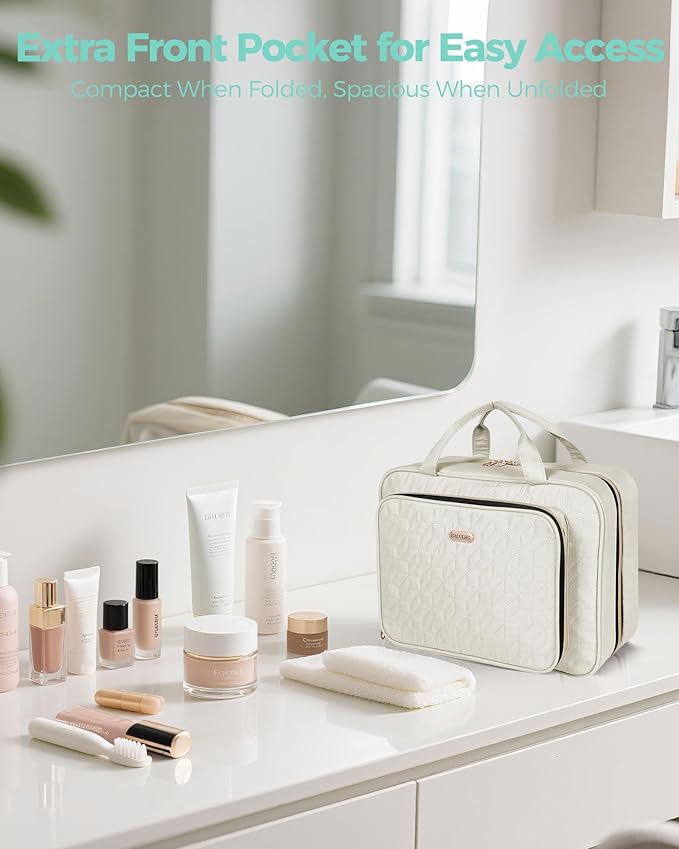 BALULHG Travel Hanging Toiletry Bag for Women,Makeup Bag Cosmetic Organizer Waterproof with Hanging Hook Multiple Pockets for Women Travel Essentials Beige