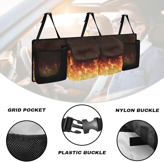 Flame Car Trunk Organizer,Backseat Hanging Storage with 4 Large Pockets,Collapsible Cargo Bag with Adjustable Straps Frees Trunk Floor for SUV,Truck,Van Easy to Washable