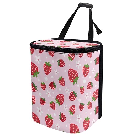 Pink Strawberry Car Trash Can with Lid - Collapsible Waterproof Garage Bag, Reusable Hanging Cute Automotive Garbage Bin, Adjustable Strap, Interior Organizer