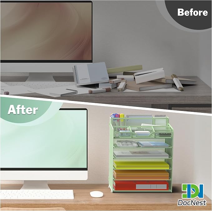 Docnest 6 Tier Mesh Desk Organizer for Paper Office Supplies – Multi-Functional Letter Tray with 5 Adjustable Compartments, 6 Pen Holders, Desktop Storage for Files, Mail, Stationery – Green
