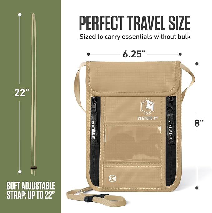 VENTURE 4TH Neck Wallet for Women & Men – RFID Blocking Passport Holder for Travel, Hidden Neck Pouch with 6 Compartments, Slim Lightweight Travel Organizer with Adjustable Strap (Beige)
