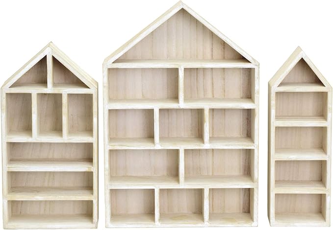 Ikee Design House-Shaped Wooden Shadow Cubby Box Display Shelf Organizer Storage Shadow Box for Mini Figures, Set of 3, Wash White Color, 10 W x 2 1/4 D x 15 H in