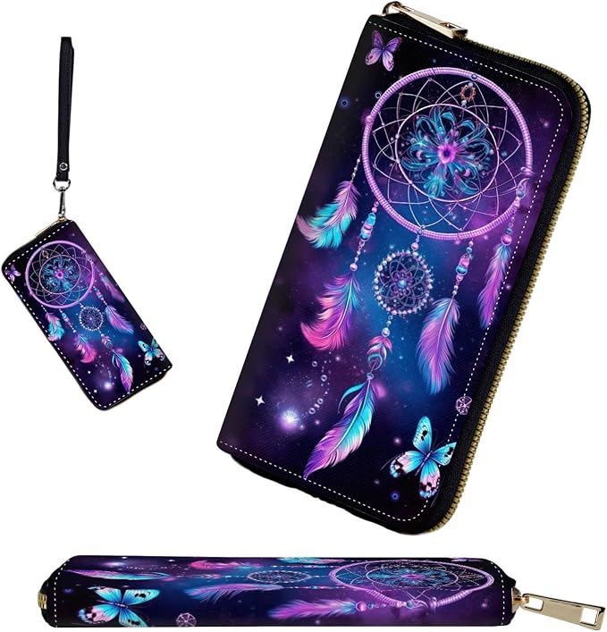 RFID-Blocking Zip Around Wallets for Women with Detachable Wrist Strap,Large Capacity Phone Holder with Card Organizer & Coin Pocket,Butterfly Dream Catcher