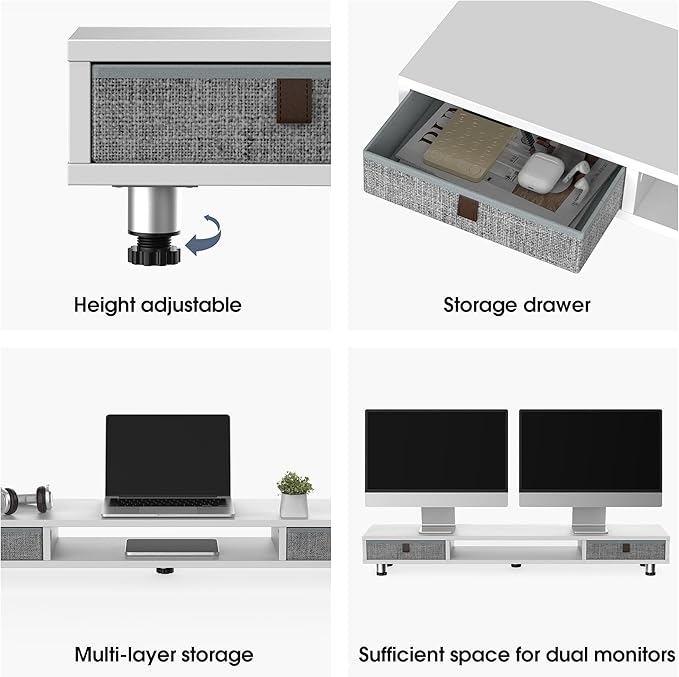 Fenge Dual Monitor Stand with 2 Drawers, 42.5 Inches Large Computer Riser for Desk, Adjustable Height Desk Shelf with Storage for Laptop, PC, TV, Printer