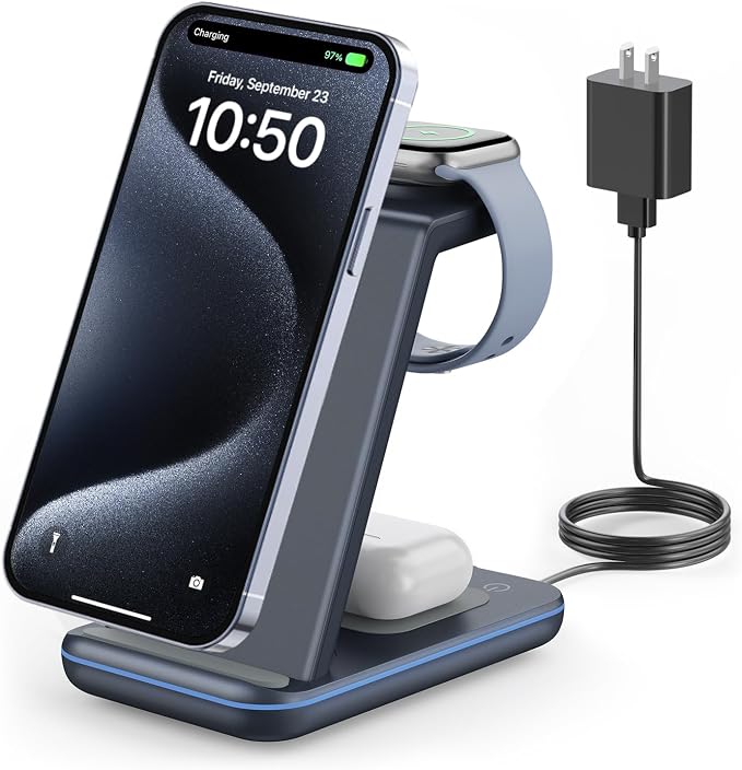 GEEKERA Wireless Charger, 3 in 1 Wireless Charging Station for iPhone Air/17/16/15/14/13/12/11/Pro Max/X/8, Phone and Watch Charger Stand for Apple Watch Ultra 3-2/11-2/SE, AirPods Pro/4/3/2, gunmetal