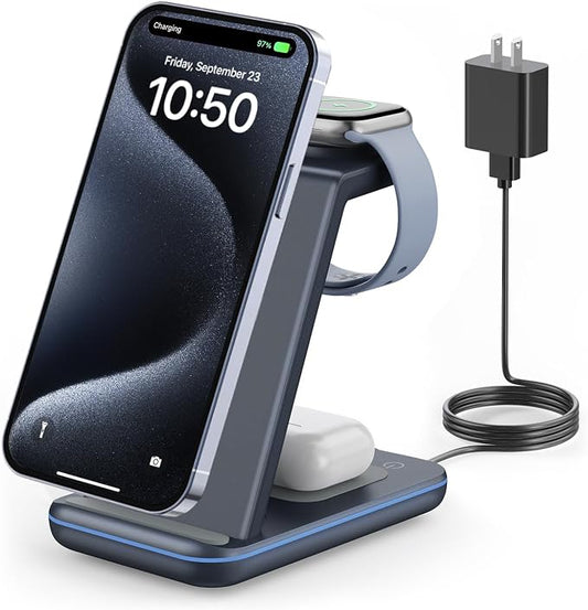 GEEKERA Wireless Charger, 3 in 1 Wireless Charging Station for iPhone Air/17/16/15/14/13/12/11/Pro Max/X/8, Phone and Watch Charger Stand for Apple Watch Ultra 3-2/11-2/SE, AirPods Pro/4/3/2, gunmetal