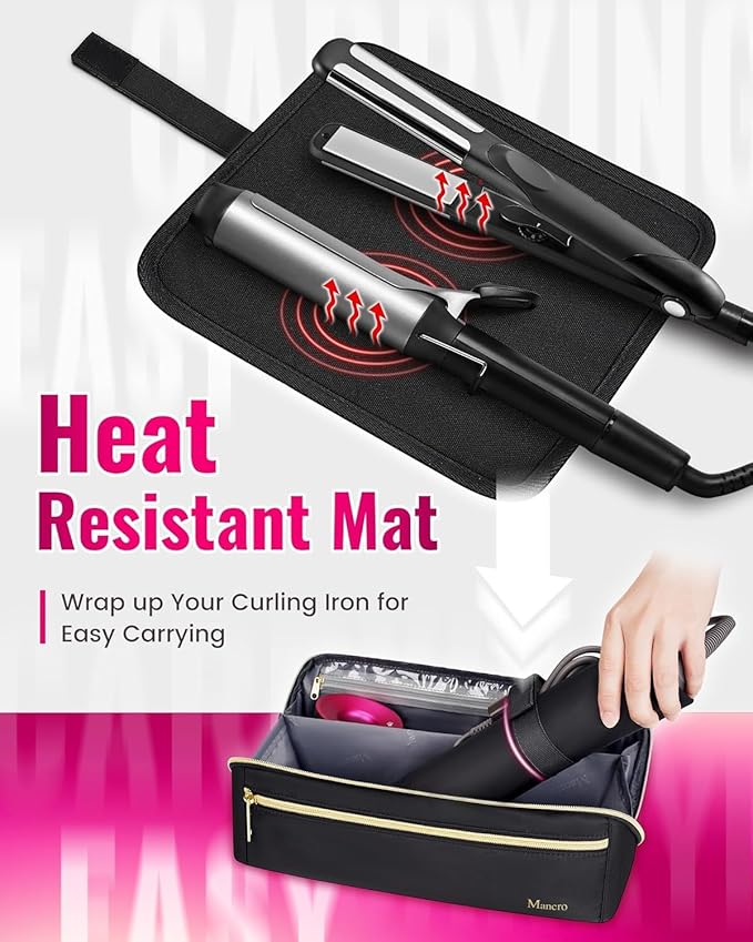 Mancro Hair Tools Travel Bag Compatible with Shark Flex Fusion, Wide-open Hot Hair Tool Organizer with Separate Heat Resistant Mat, Hair Accessories Organizer for Straighteners, Curling Iron, XL