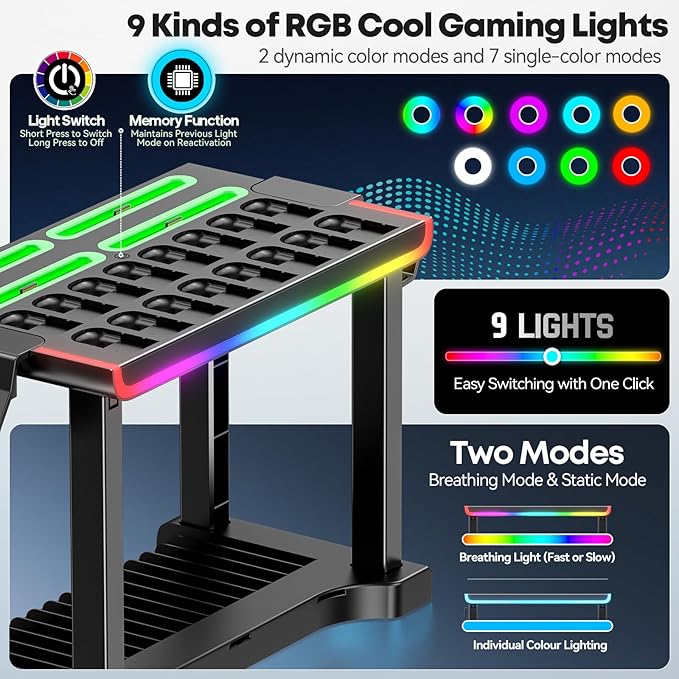 Switch 2 RGB Organizer Station with Controller Charging Dock, Switch 2 Storage Stand, Joycon 2 Charger, Gaming Accessories Holds TV Dock, 16 Game Cases, 16 Game Cards and 2 Pro Controllers
