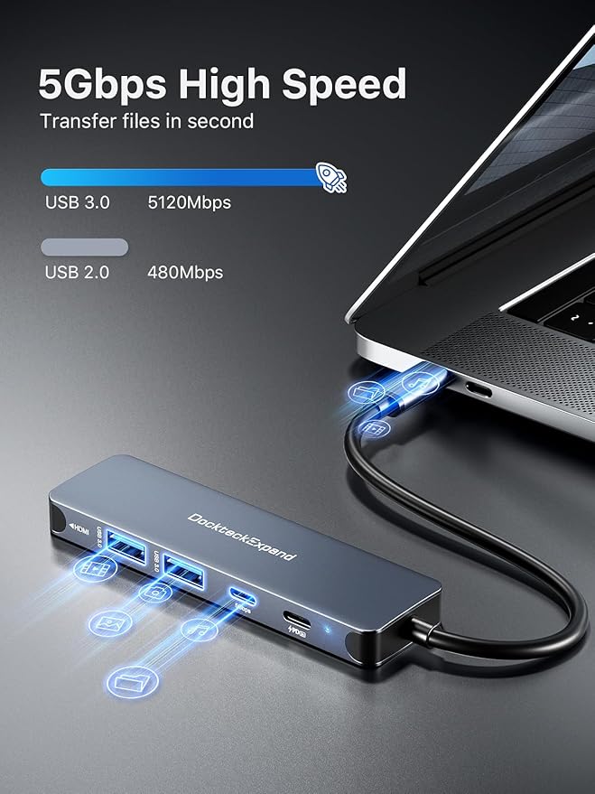 USB-C Hub, DockteckExpand USB-C to USB Adapter (5 in 1) with 4K HDMI, 100W Power Delivery, 5Gbps USB-C Data Port & 2 5Gbps USB-A Data Ports for MacBook Pro/Air, iPad Pro/Air, Dell XPS and More