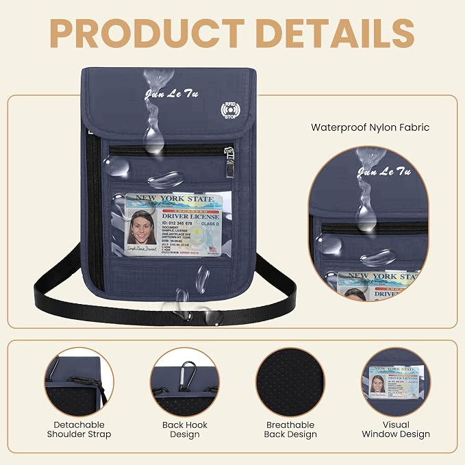 Passport Holder for Travel, RFID Passport Wallet with Visual Window Design, Multifunctional Document Organizer, Waterproof Travel Pouch Neck Wallet for Men and Women, Navy Blue